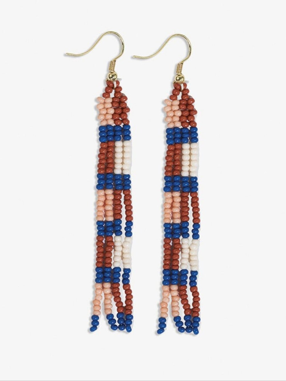 June Checks And Stripes Petite Beaded Fringe Earrings Rust + Lapis